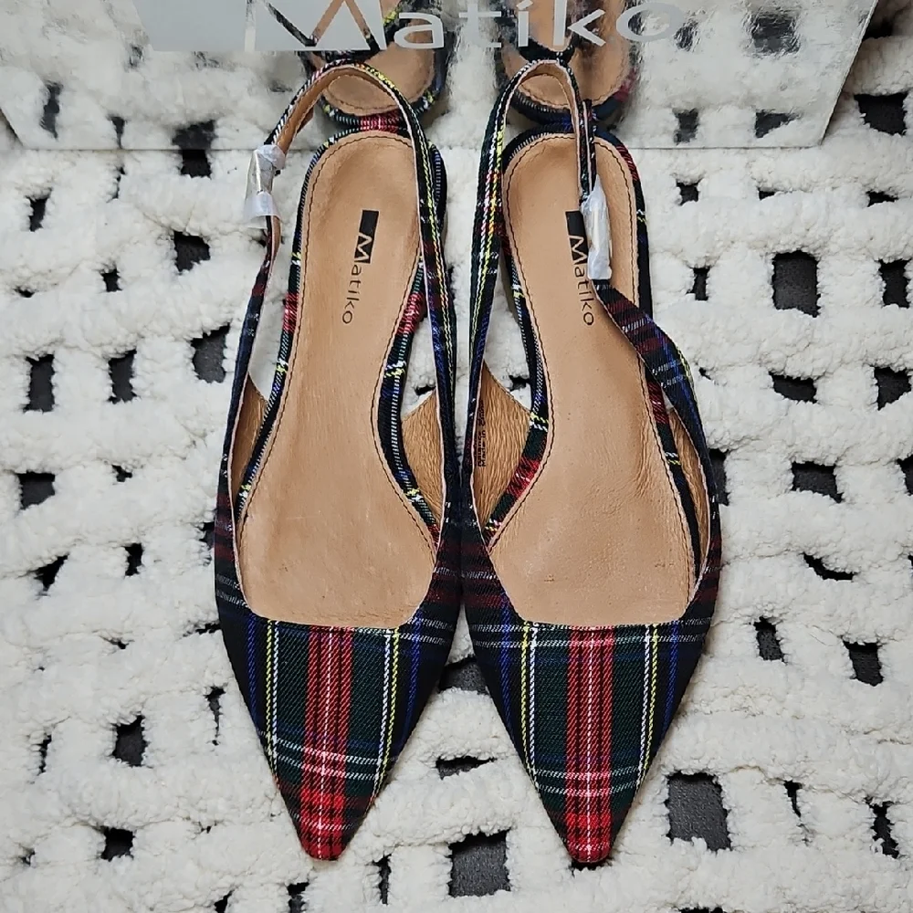 Matiko Lori Point Toe Slingback Flats Green Tartan Plaid New